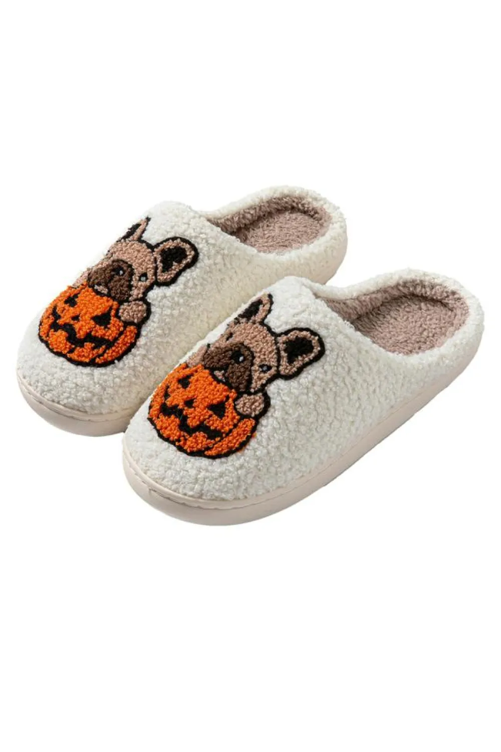 Best Dear-Lover Halloween Dog Pumpkin Pattern Fuzzy Slippers White