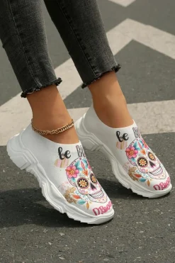 Fashion Dear-Lover Halloween Floral Skull Printed Slip-On Flat Shoes White