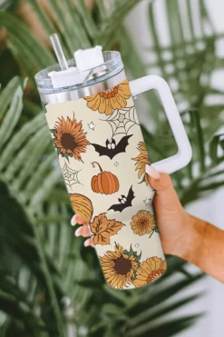 Discount Dear-Lover Halloween Pattern Print Handled Stainless Steel Vacuum Cup 40oz White