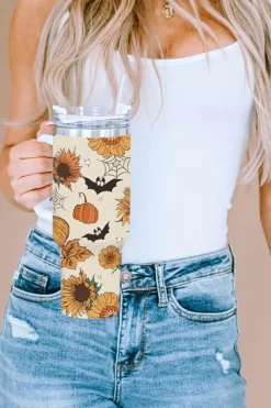 Discount Dear-Lover Halloween Pattern Print Handled Stainless Steel Vacuum Cup 40oz White