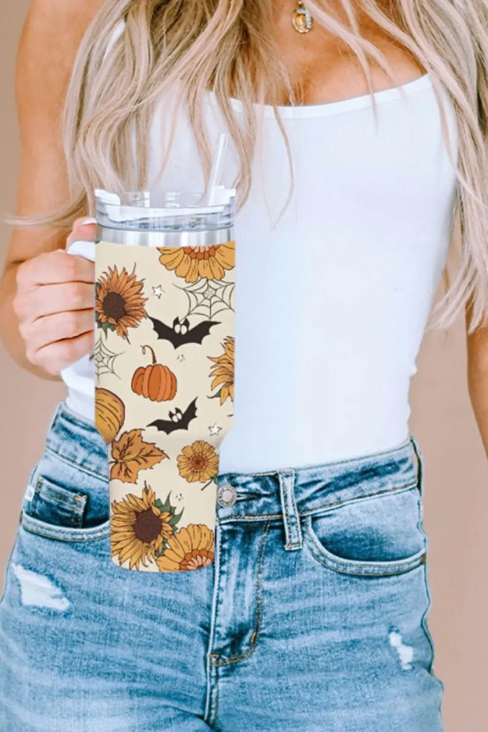 Discount Dear-Lover Halloween Pattern Print Handled Stainless Steel Vacuum Cup 40oz White