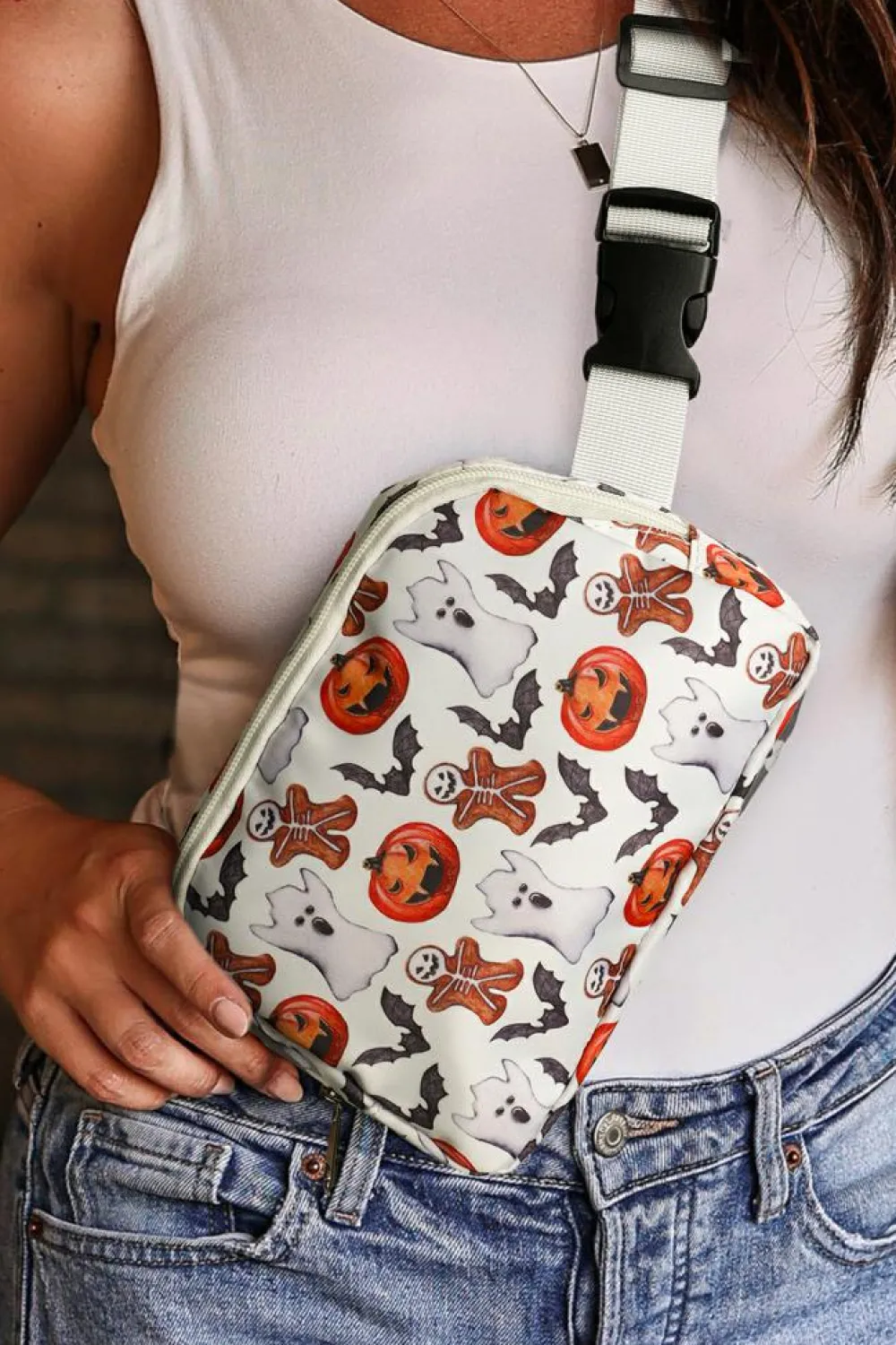 Hot Dear-Lover Halloween Pattern Print Wide Belt Square Crossbody Bag White