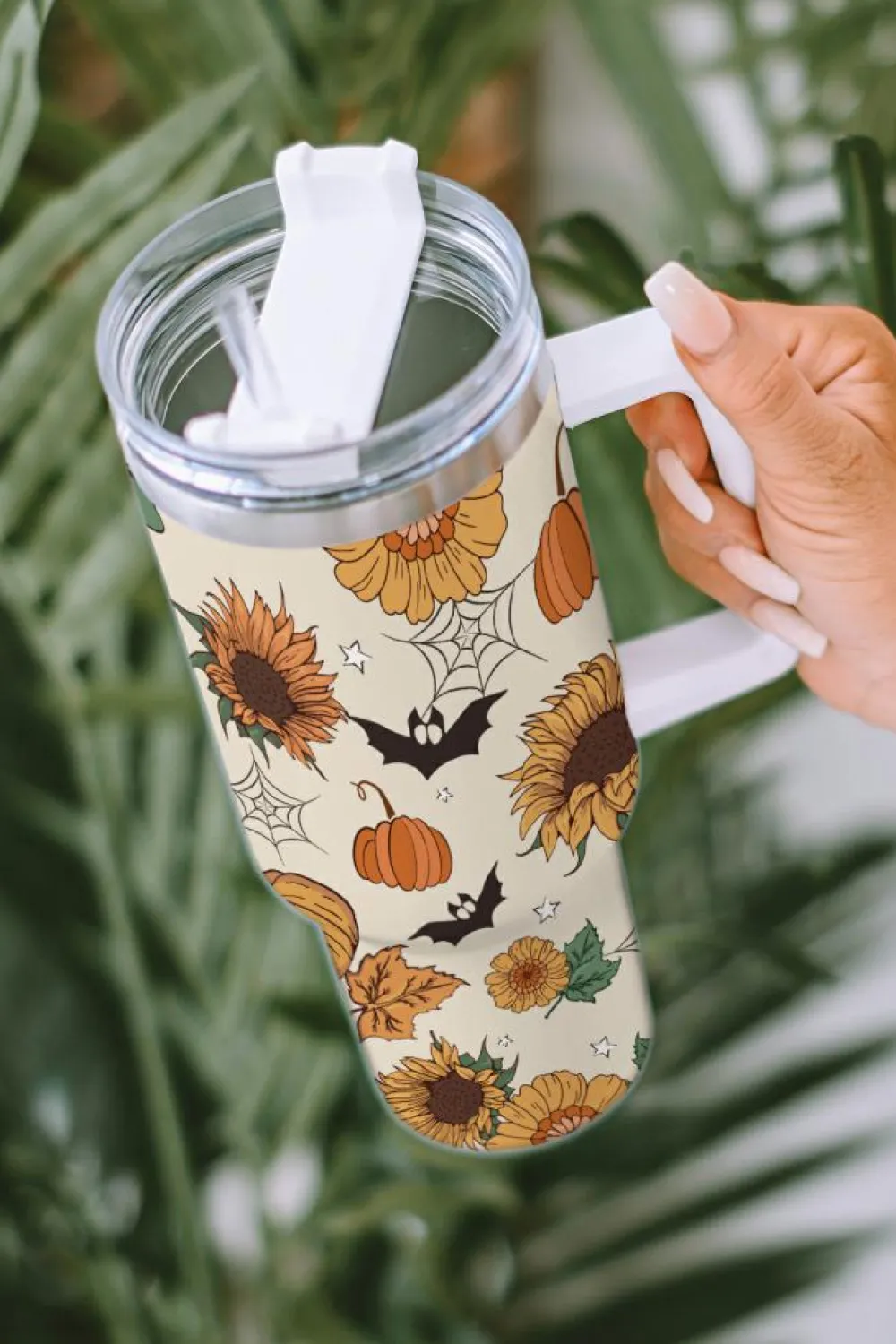 Discount Dear-Lover Halloween Pattern Print Handled Stainless Steel Vacuum Cup 40oz White