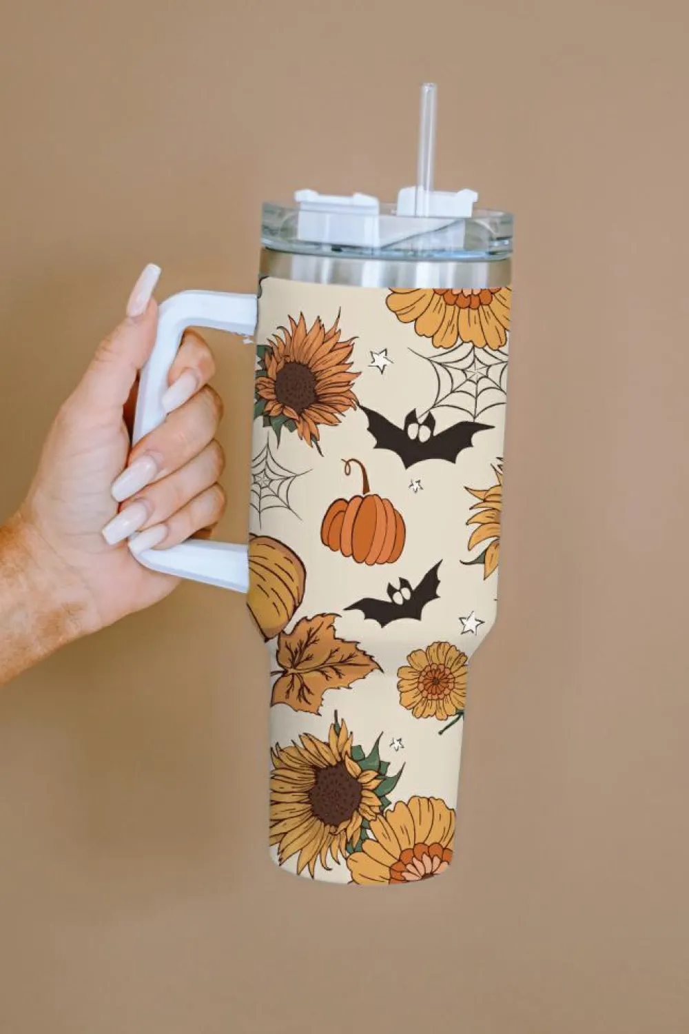 Discount Dear-Lover Halloween Pattern Print Handled Stainless Steel Vacuum Cup 40oz White