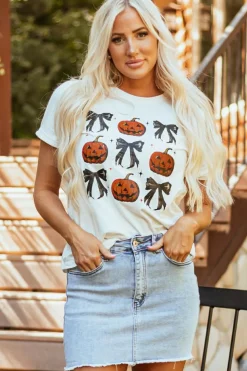 Discount Dear-Lover Halloween Pumpkin Face Bowknot Graphic T Shirt White