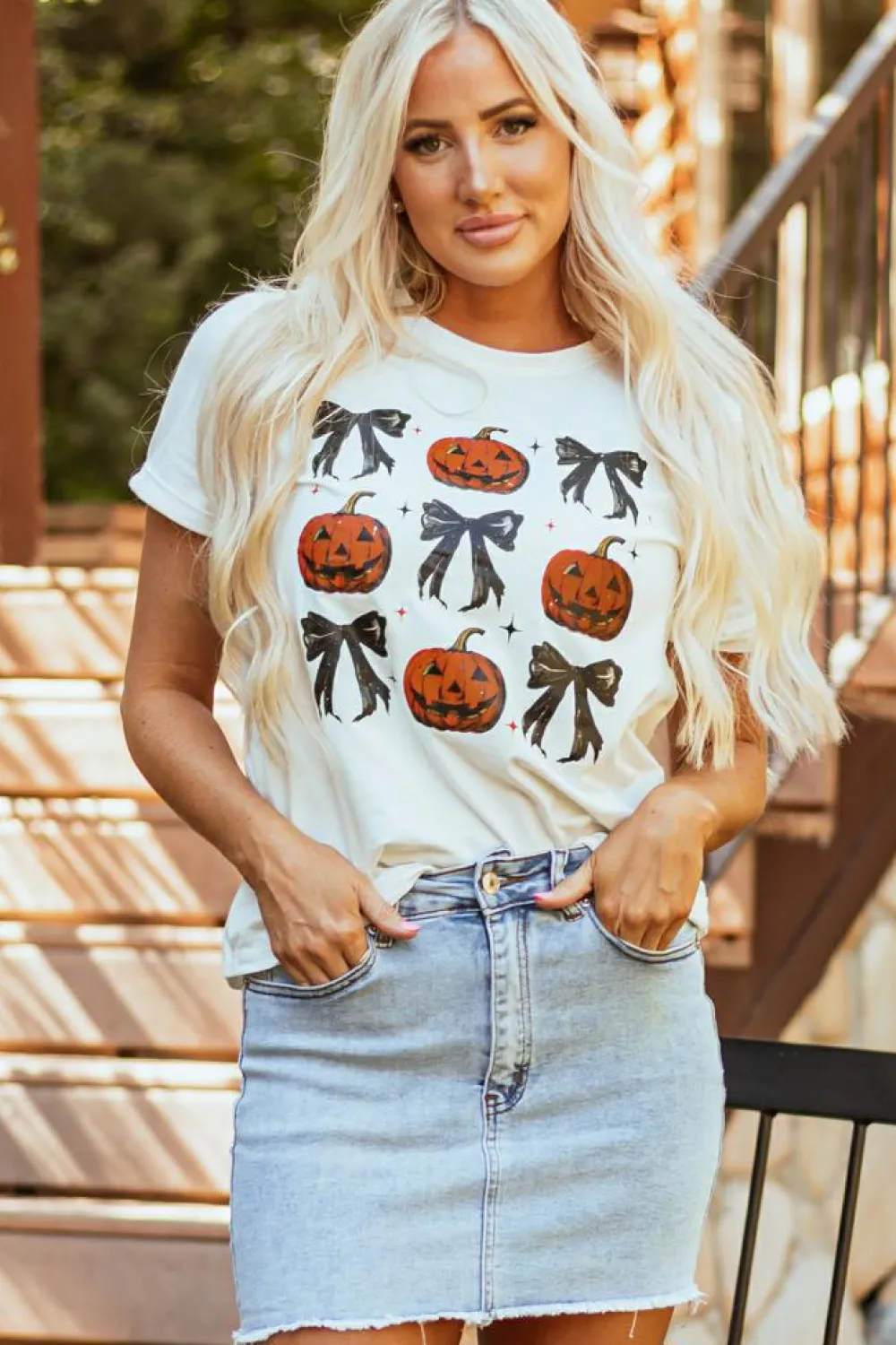 Discount Dear-Lover Halloween Pumpkin Face Bowknot Graphic T Shirt White
