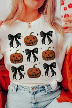 Discount Dear-Lover Halloween Pumpkin Face Bowknot Graphic T Shirt White