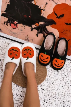New Dear-Lover Halloween Pumpkin Print Plush Slippers (Runs Small, Size Up) White