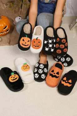 New Dear-Lover Halloween Pumpkin Print Plush Slippers (Runs Small, Size Up) White