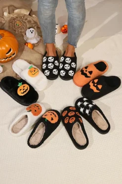 New Dear-Lover Halloween Pumpkin Print Plush Slippers (Runs Small, Size Up) White