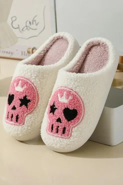New Dear-Lover Halloween Skull Printed Plush Winter Home Slippers White