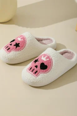 New Dear-Lover Halloween Skull Printed Plush Winter Home Slippers White