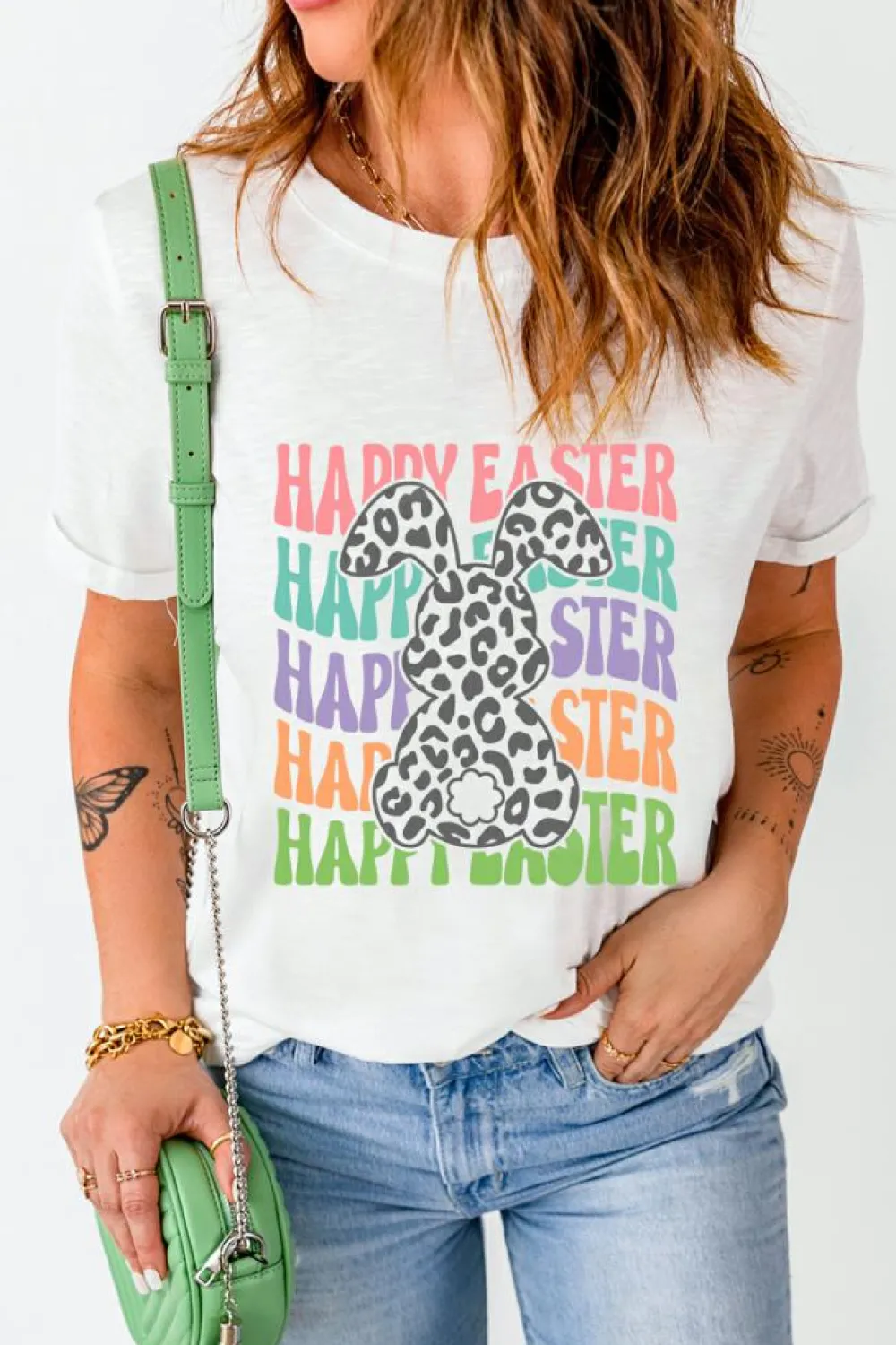 Discount Dear-Lover Happy Easter Rabbit Print Crew Neck T Shirt White