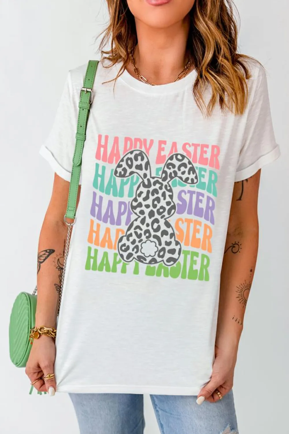 Discount Dear-Lover Happy Easter Rabbit Print Crew Neck T Shirt White