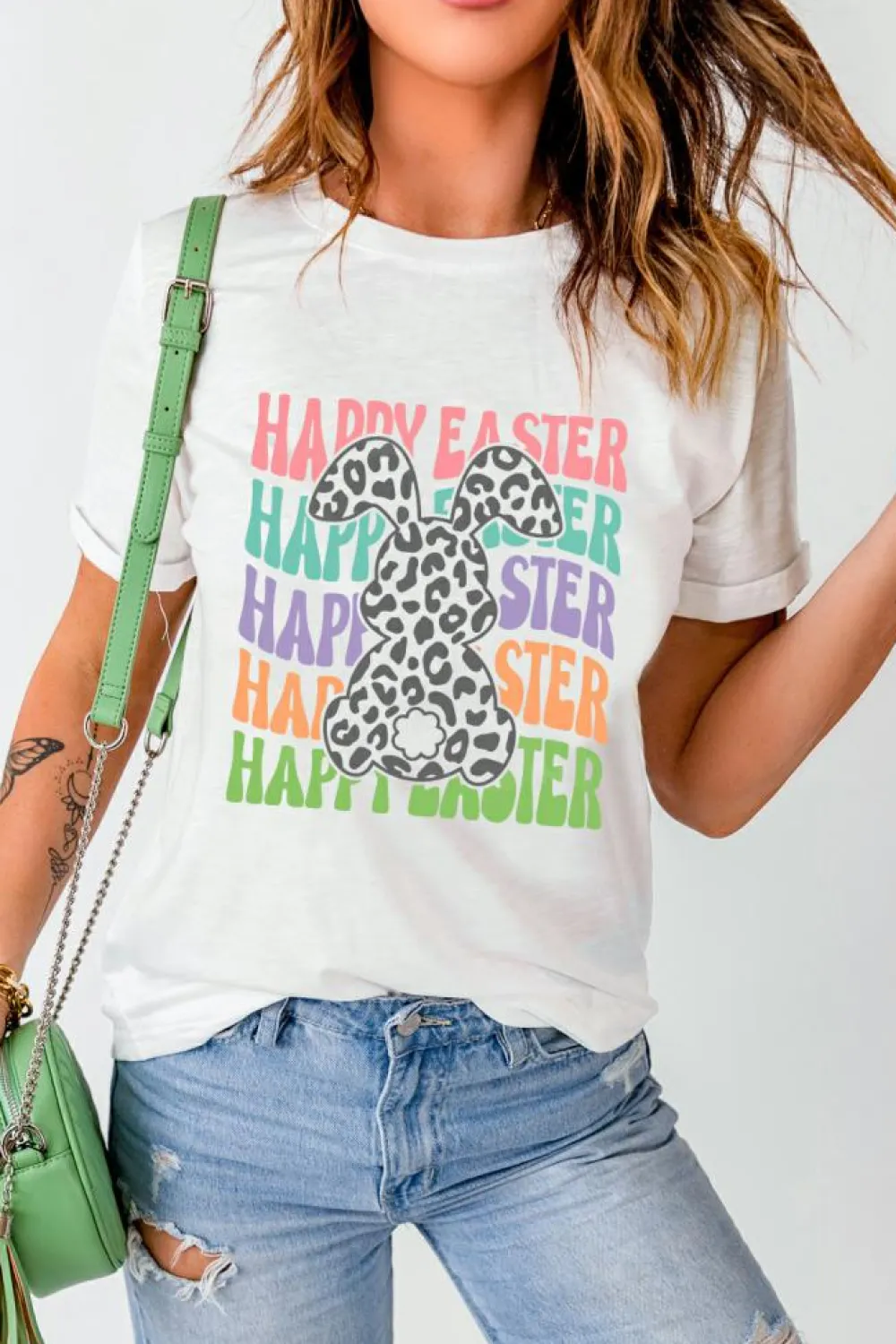 Discount Dear-Lover Happy Easter Rabbit Print Crew Neck T Shirt White