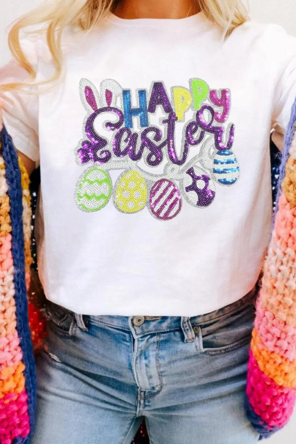Best Dear-Lover Happy Easter Sequin Patched Casual Tee White