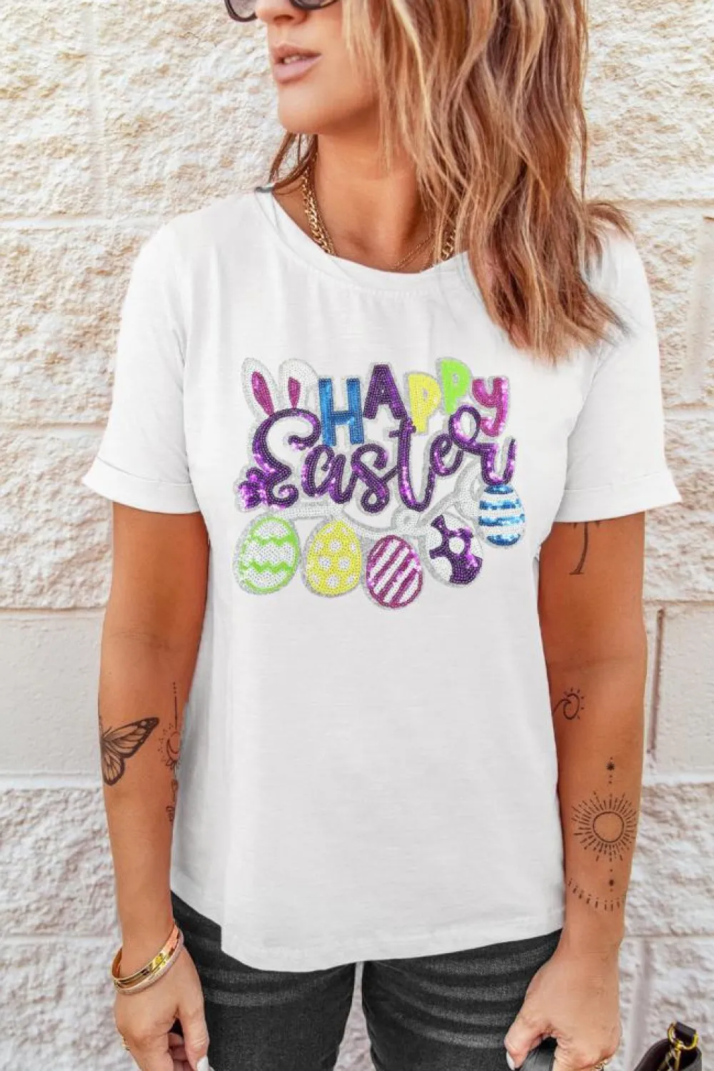 Best Dear-Lover Happy Easter Sequin Patched Casual Tee White