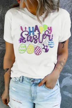 Best Dear-Lover Happy Easter Sequin Patched Casual Tee White