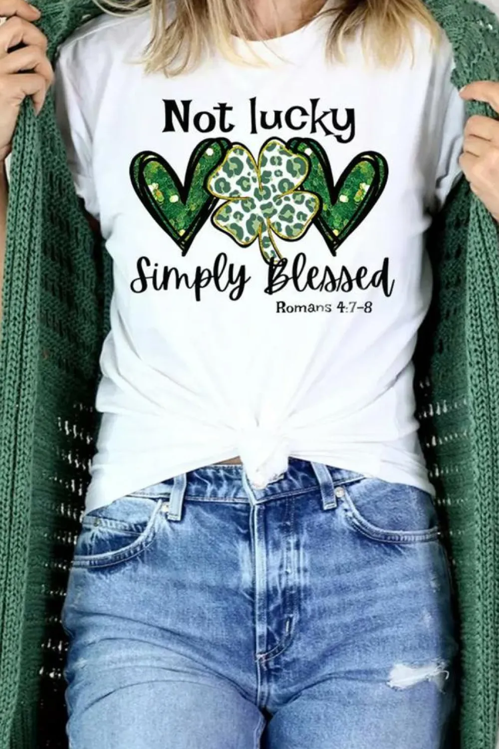 New Dear-Lover Heart Leopard Clover Slogan Letters Graphic Tee White