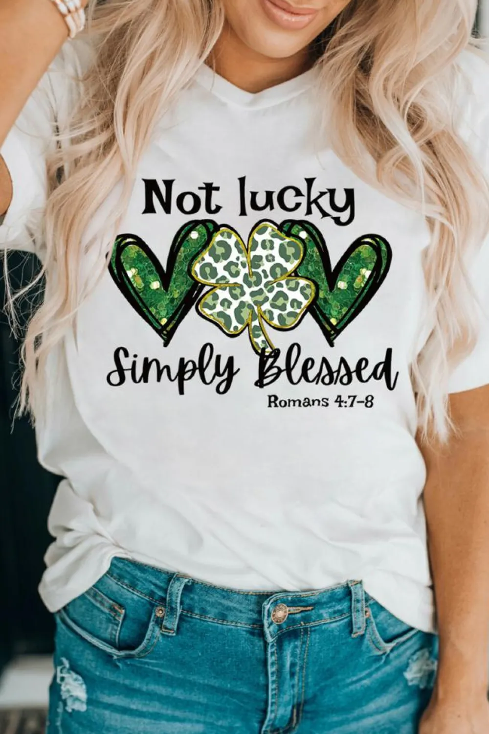 New Dear-Lover Heart Leopard Clover Slogan Letters Graphic Tee White