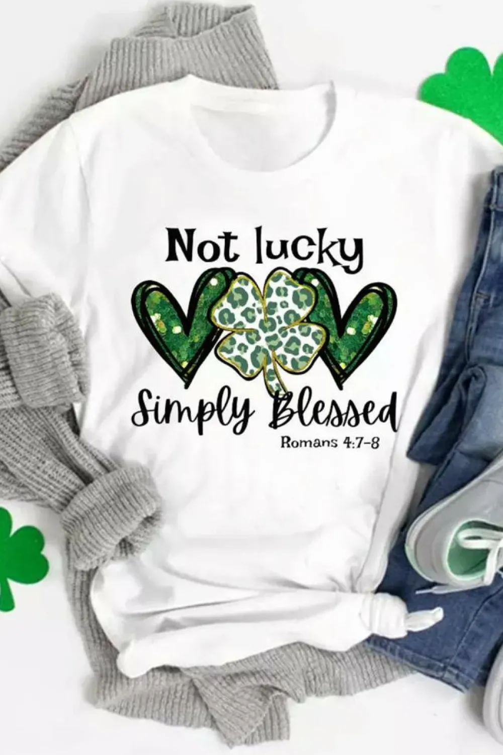 New Dear-Lover Heart Leopard Clover Slogan Letters Graphic Tee White