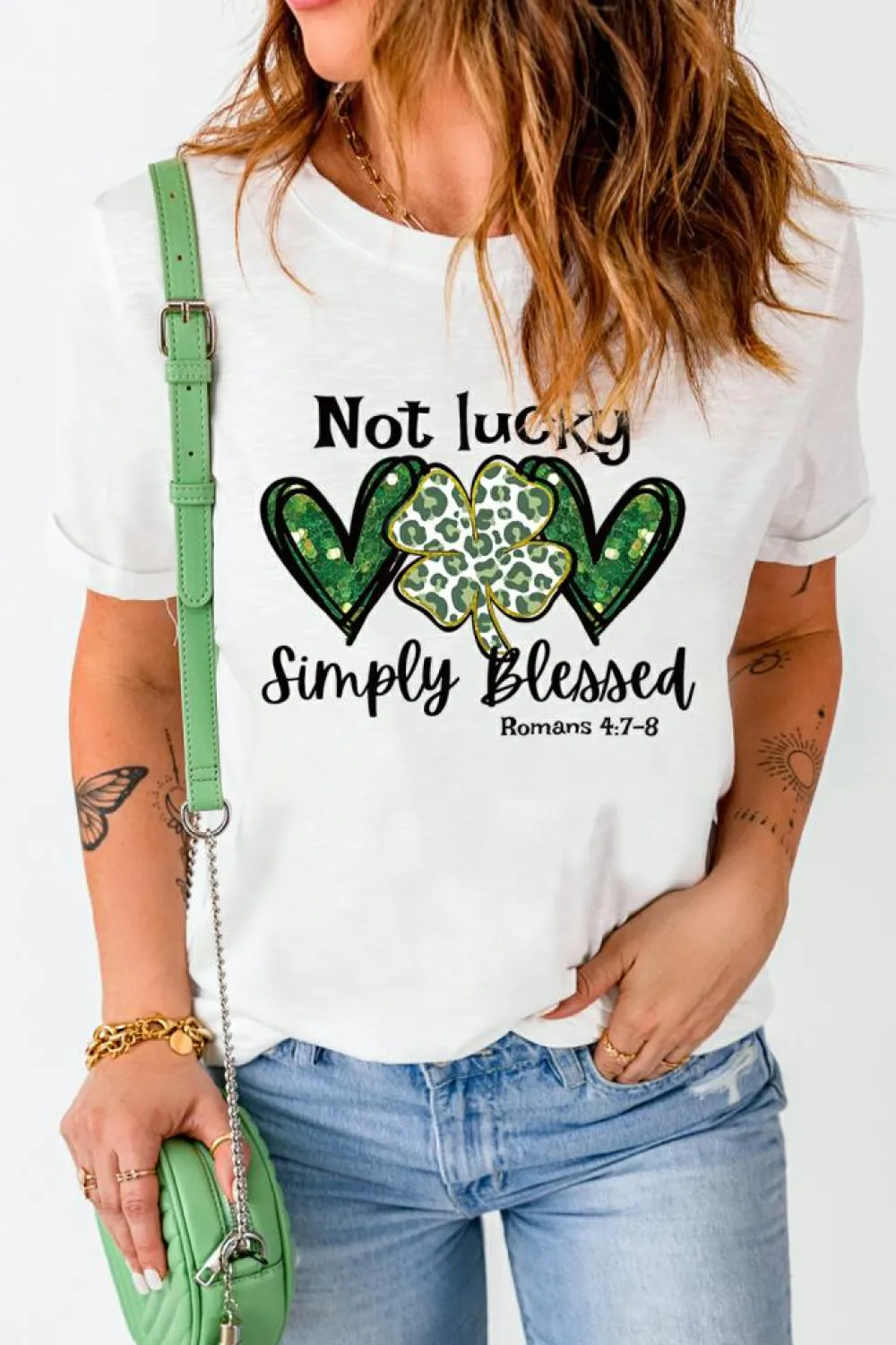 New Dear-Lover Heart Leopard Clover Slogan Letters Graphic Tee White