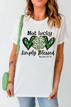 New Dear-Lover Heart Leopard Clover Slogan Letters Graphic Tee White