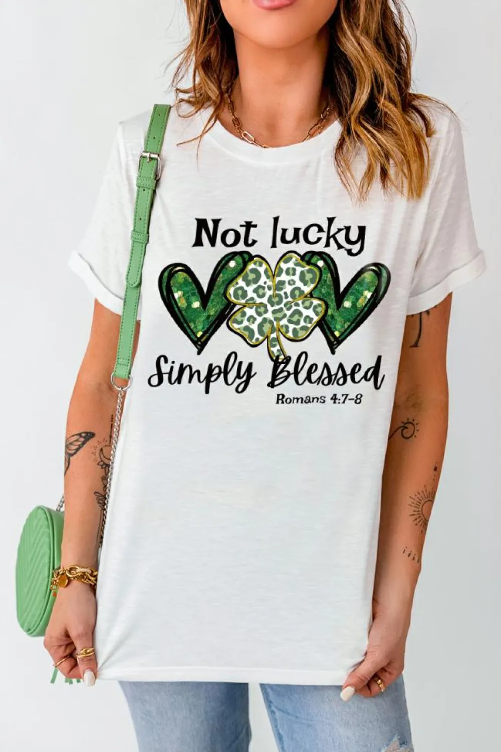 New Dear-Lover Heart Leopard Clover Slogan Letters Graphic Tee White