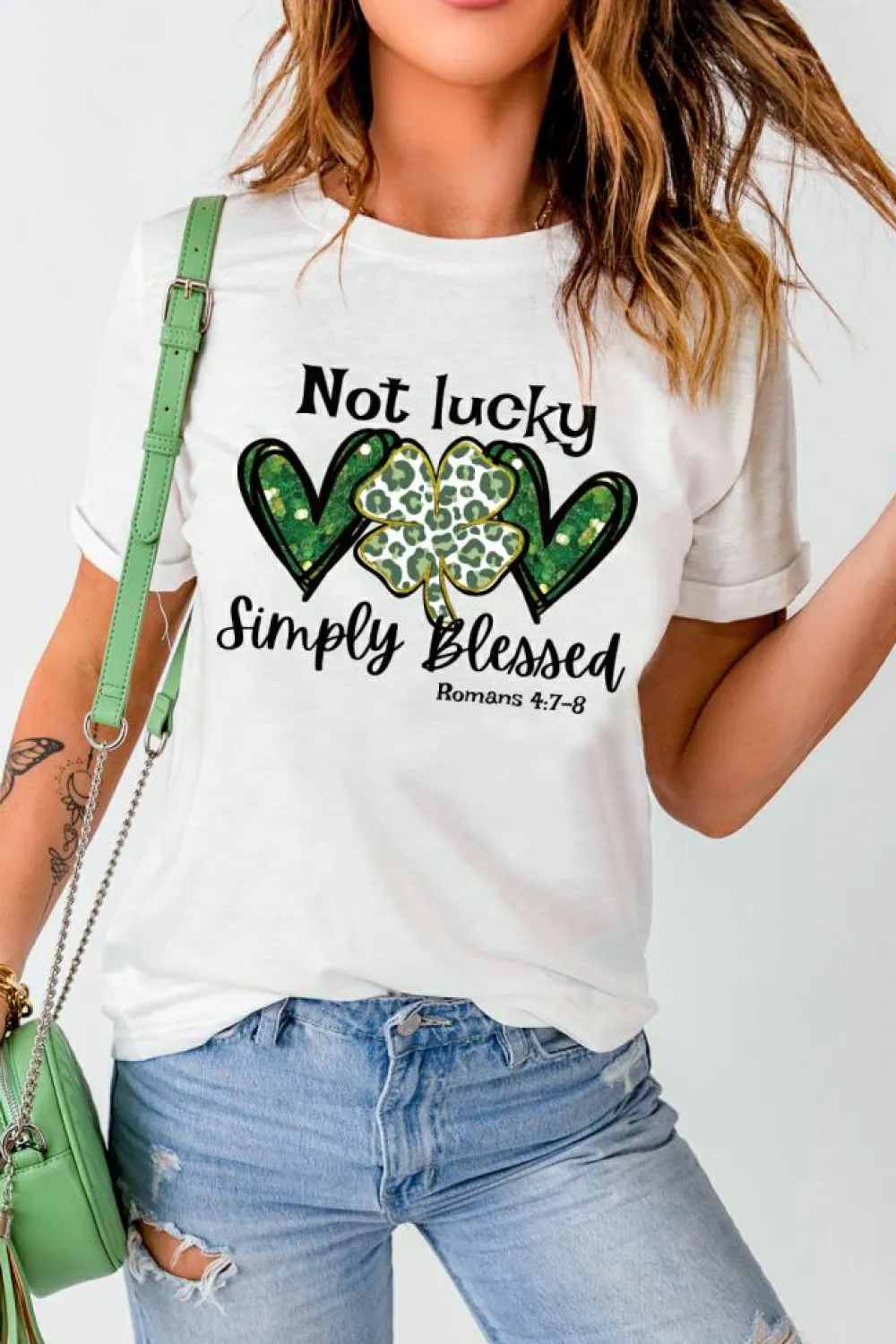 New Dear-Lover Heart Leopard Clover Slogan Letters Graphic Tee White