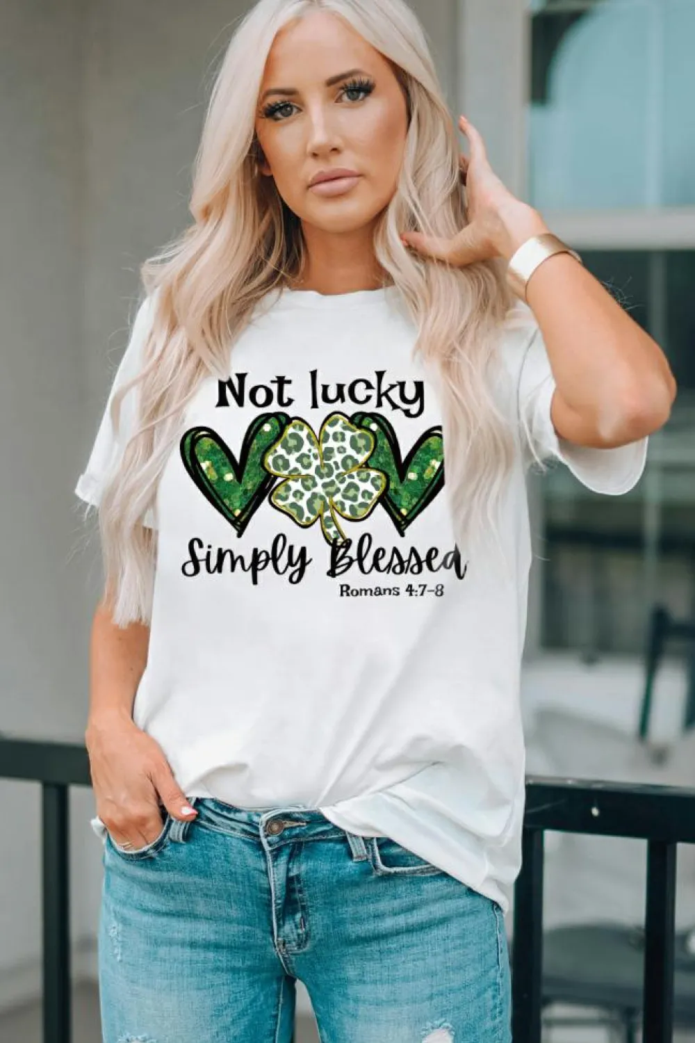 New Dear-Lover Heart Leopard Clover Slogan Letters Graphic Tee White