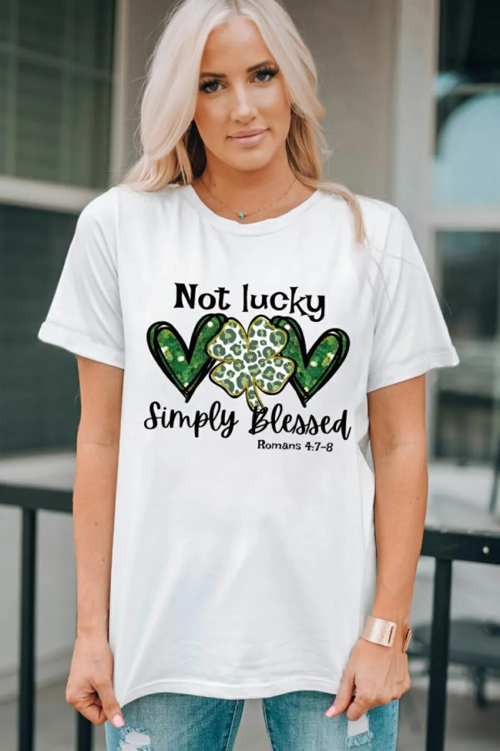 New Dear-Lover Heart Leopard Clover Slogan Letters Graphic Tee White