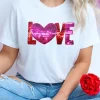 Sale Dear-Lover Heart LOVE Patched Pattern Crewneck Valentines T Shirt White