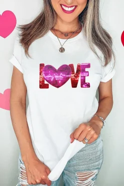 Sale Dear-Lover Heart LOVE Patched Pattern Crewneck Valentines T Shirt White
