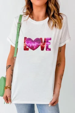 Sale Dear-Lover Heart LOVE Patched Pattern Crewneck Valentines T Shirt White