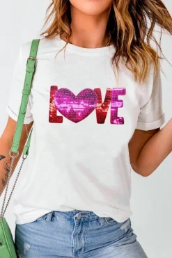 Sale Dear-Lover Heart LOVE Patched Pattern Crewneck Valentines T Shirt White