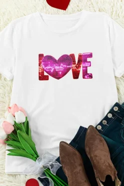 Sale Dear-Lover Heart LOVE Patched Pattern Crewneck Valentines T Shirt White
