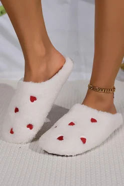 Discount Dear-Lover Heart Shape Embroidered Slip On Plush Slippers White