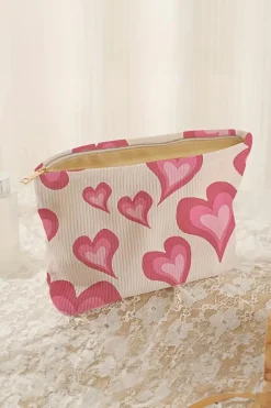 Best Dear-Lover Hearts Print Zipper Corduroy Large Cosmetic Bag White