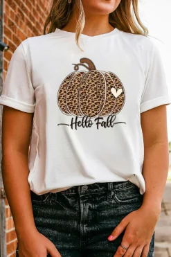 Sale Dear-Lover Hello Fall Leopard Pumpkin Graphic T Shirt White
