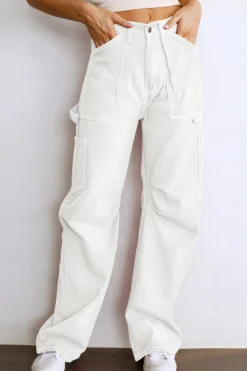 Sale Dear-Lover High Waist Straight Leg Cargo Pants with Pockets White