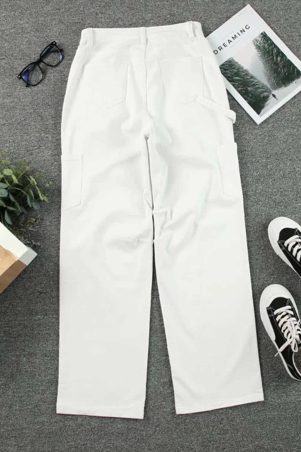 Sale Dear-Lover High Waist Straight Leg Cargo Pants with Pockets White