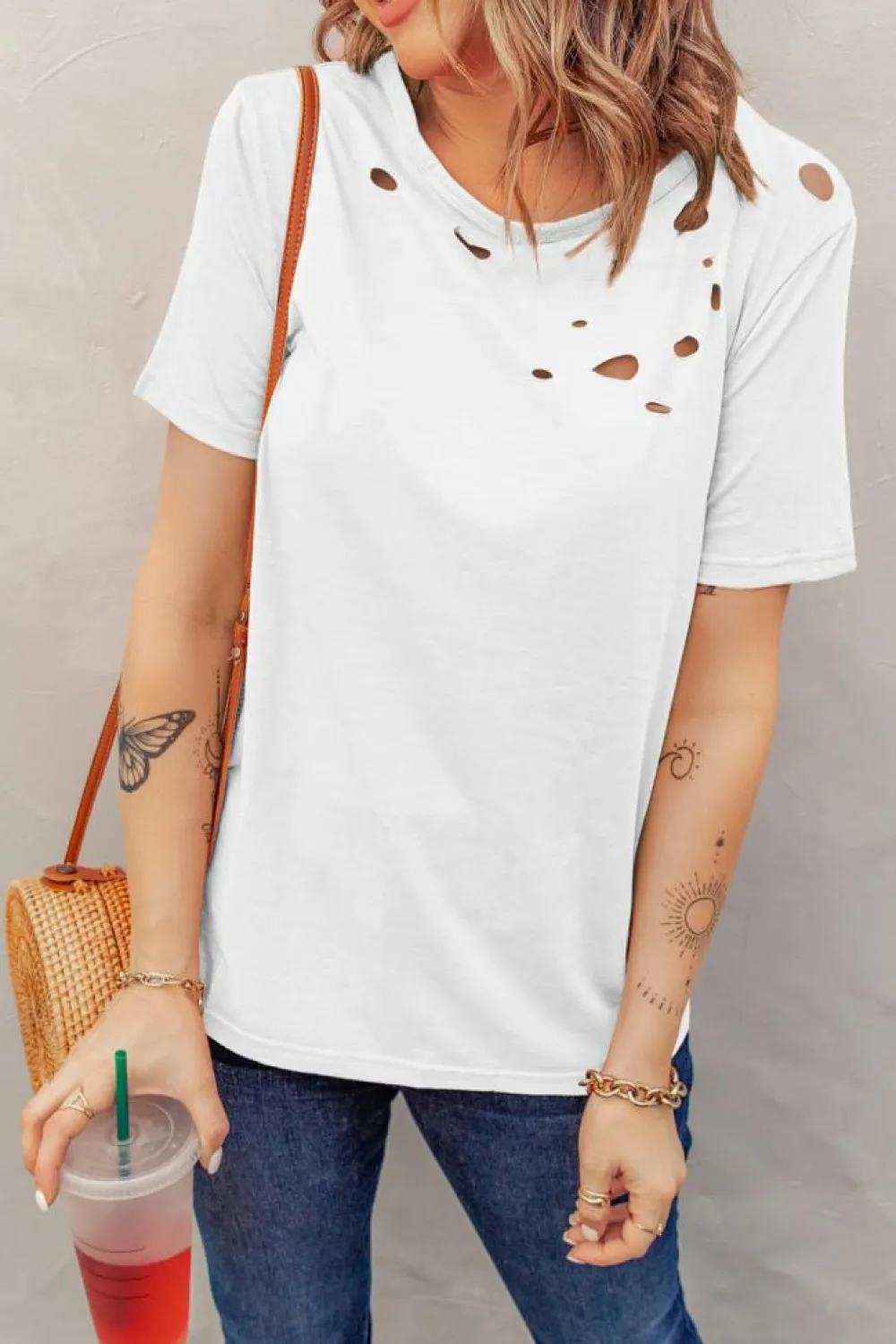Hot Dear-Lover Holes Crew Neck Cotton Mixed T-shirt White