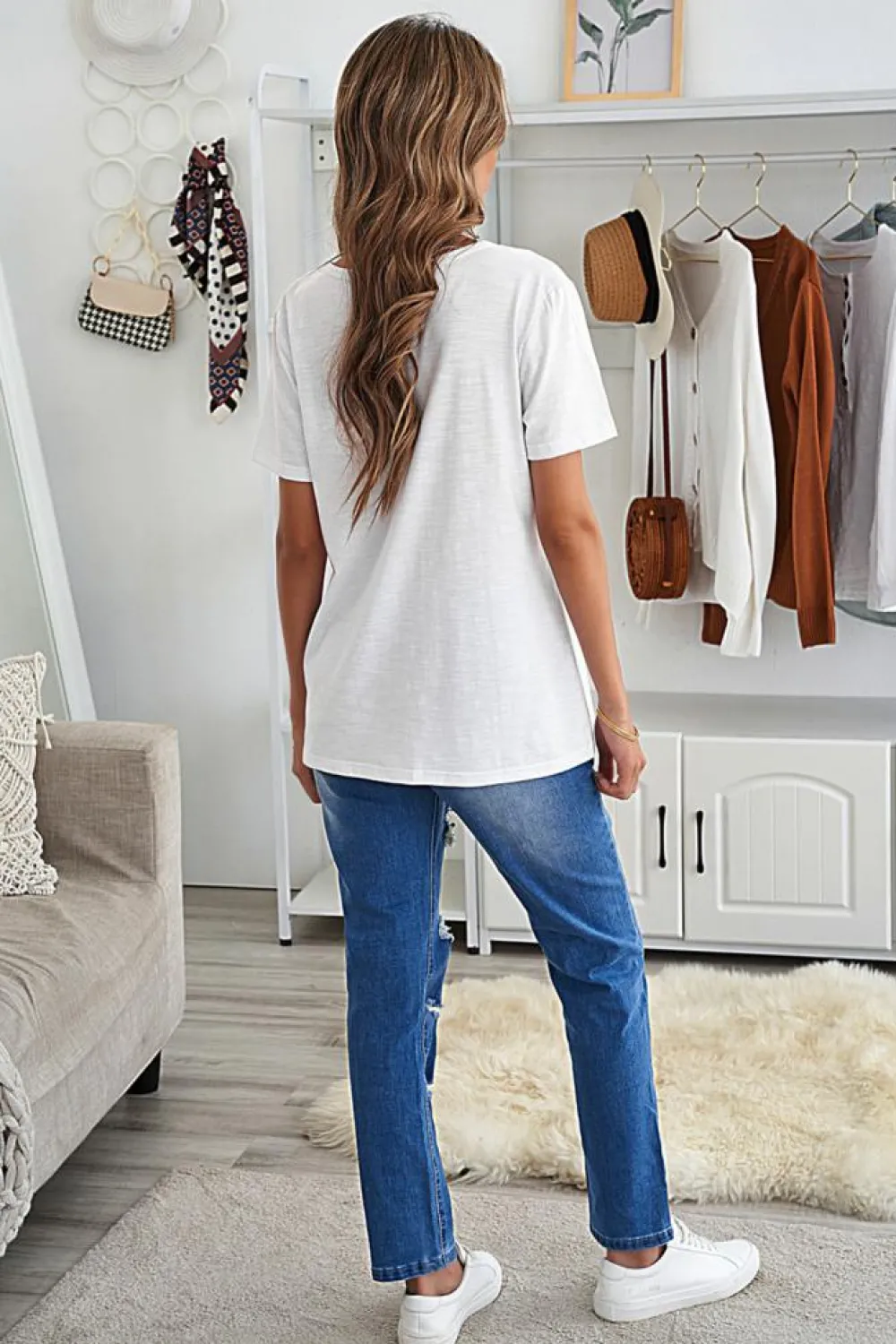 Hot Dear-Lover Holes Crew Neck Cotton Mixed T-shirt White