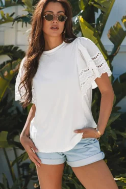 Sale Dear-Lover Hollow Out Embroidered Short Sleeve O Neck Top White