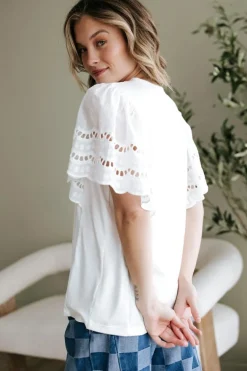 Sale Dear-Lover Hollow Out Embroidered Short Sleeve O Neck Top White