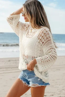 New Dear-Lover Hollow Out Knit Bracelet Sleeve Drop Shoulder Sweater White