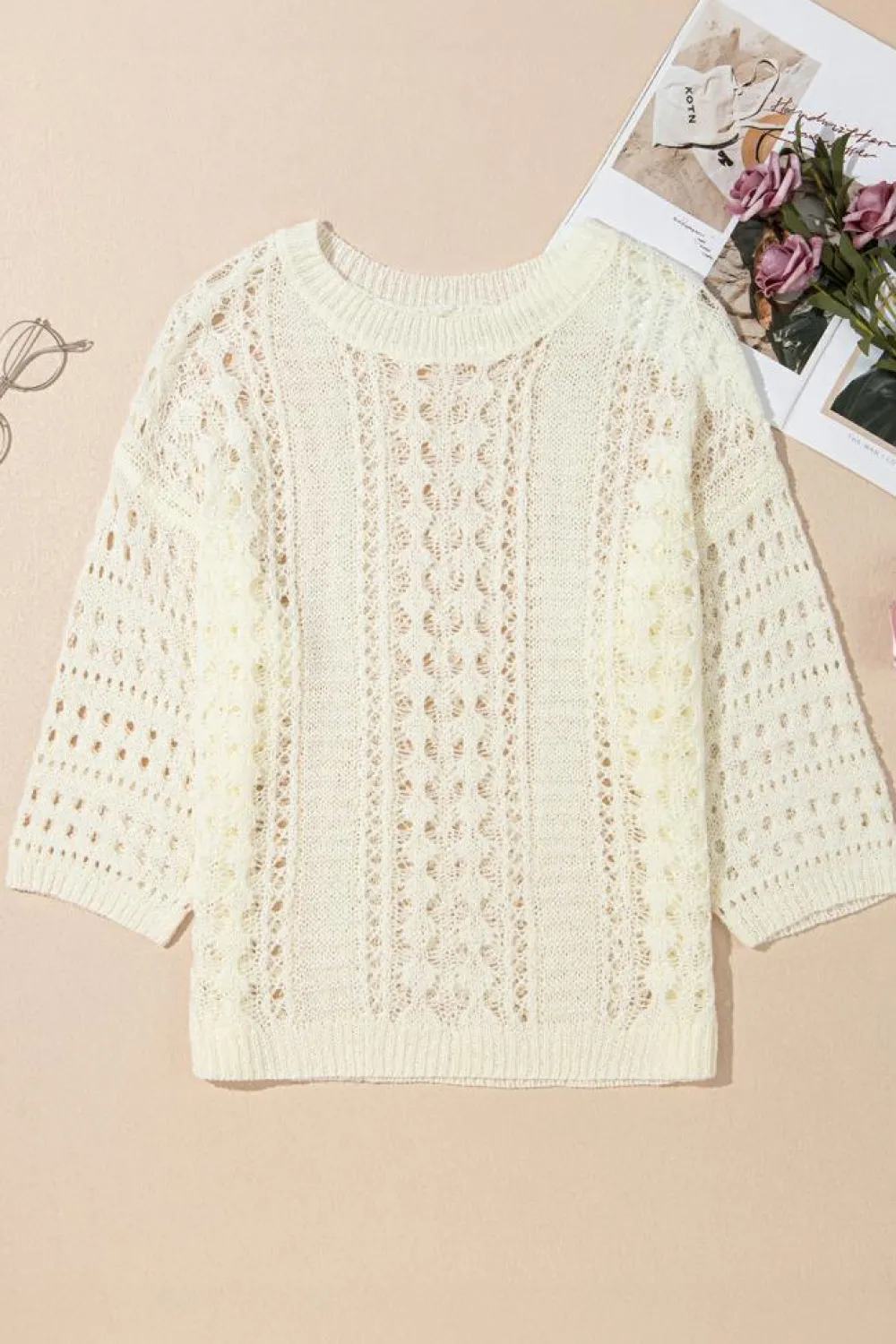 New Dear-Lover Hollow Out Knit Bracelet Sleeve Drop Shoulder Sweater White