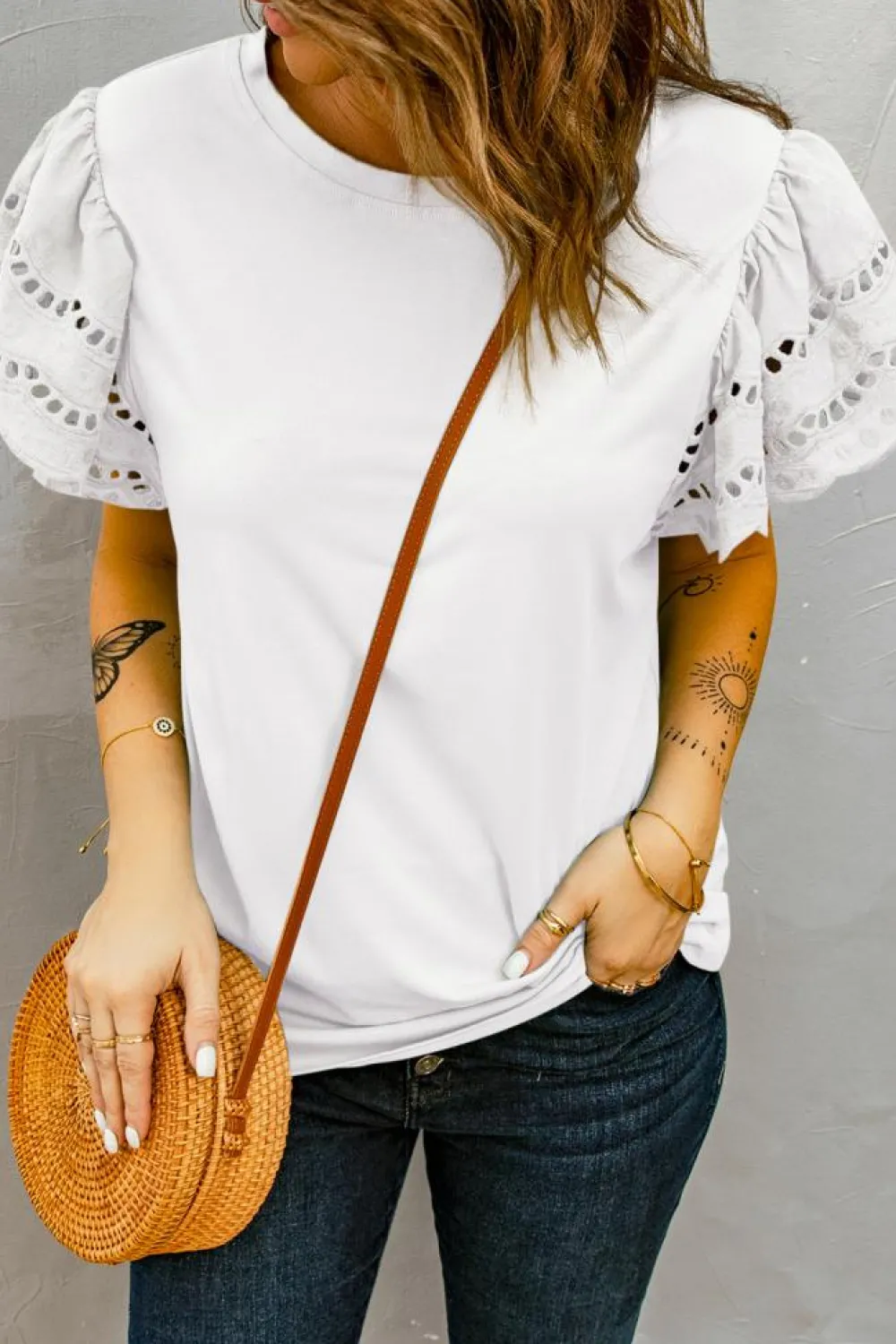 Fashion Dear-Lover Hollow Out Ruffle Sleeve T-shirt White