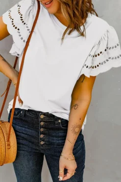 Fashion Dear-Lover Hollow Out Ruffle Sleeve T-shirt White