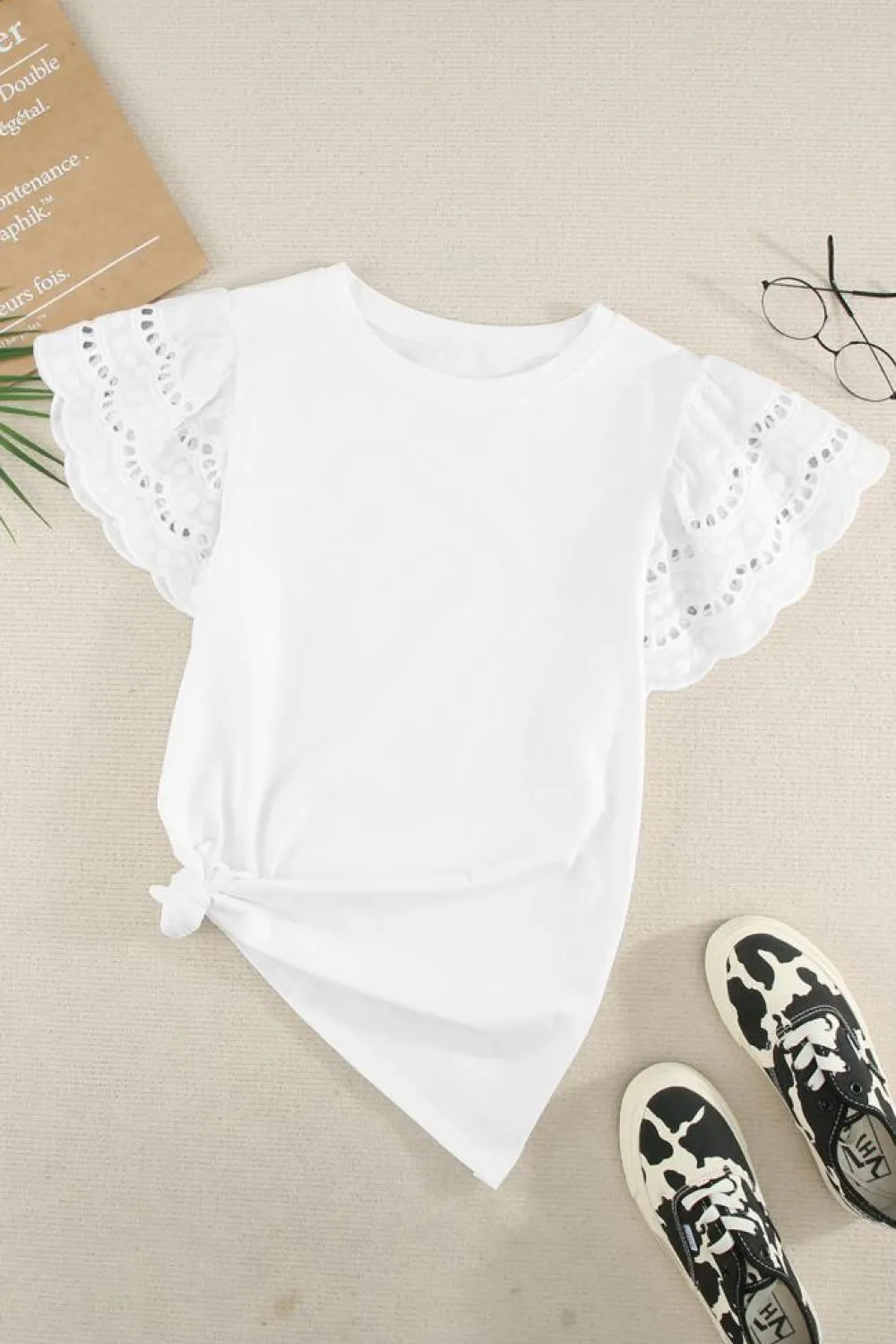 Fashion Dear-Lover Hollow Out Ruffle Sleeve T-shirt White